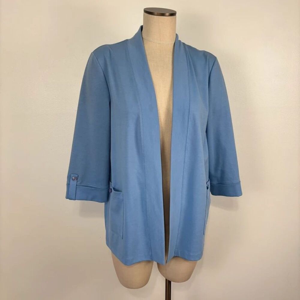 Allison Daley Open Front Knit Cardigan Jacket Womens M Periwinkle Blue Pockets